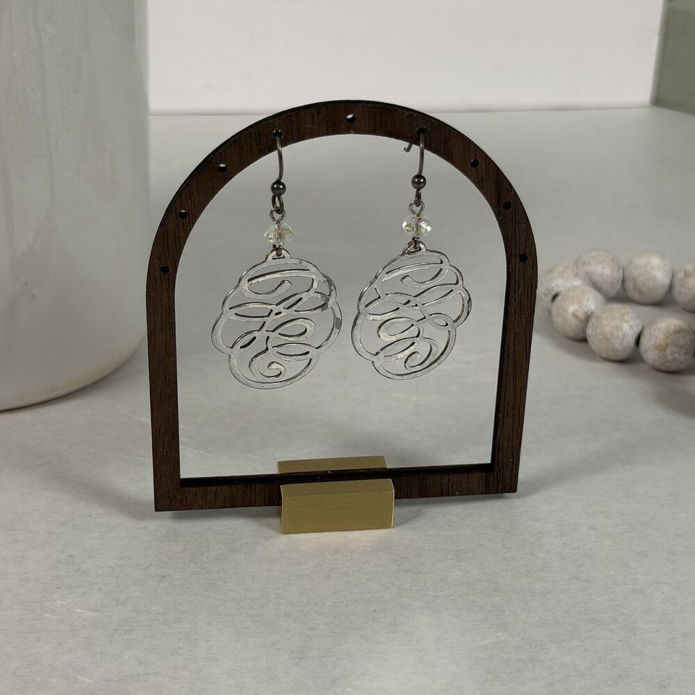 Unique VTG 1980s Silver-Tone Loop & Swirl w/ Crystal Accents Dangle Earrings